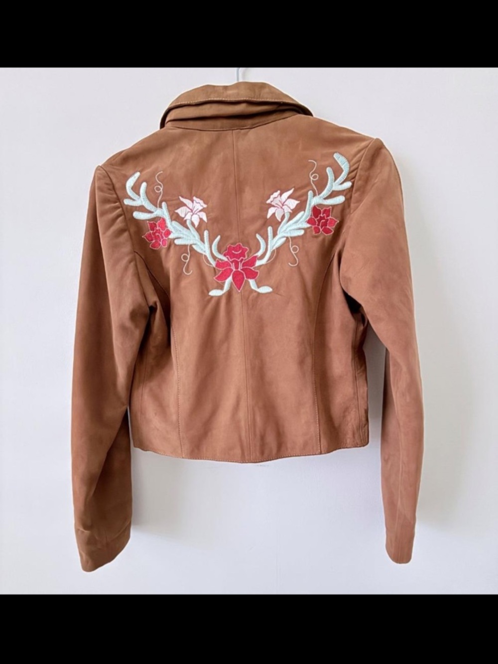 Vintage Cropped Suede Leather Jacket Floral Embroidered Blazer Boho Brown